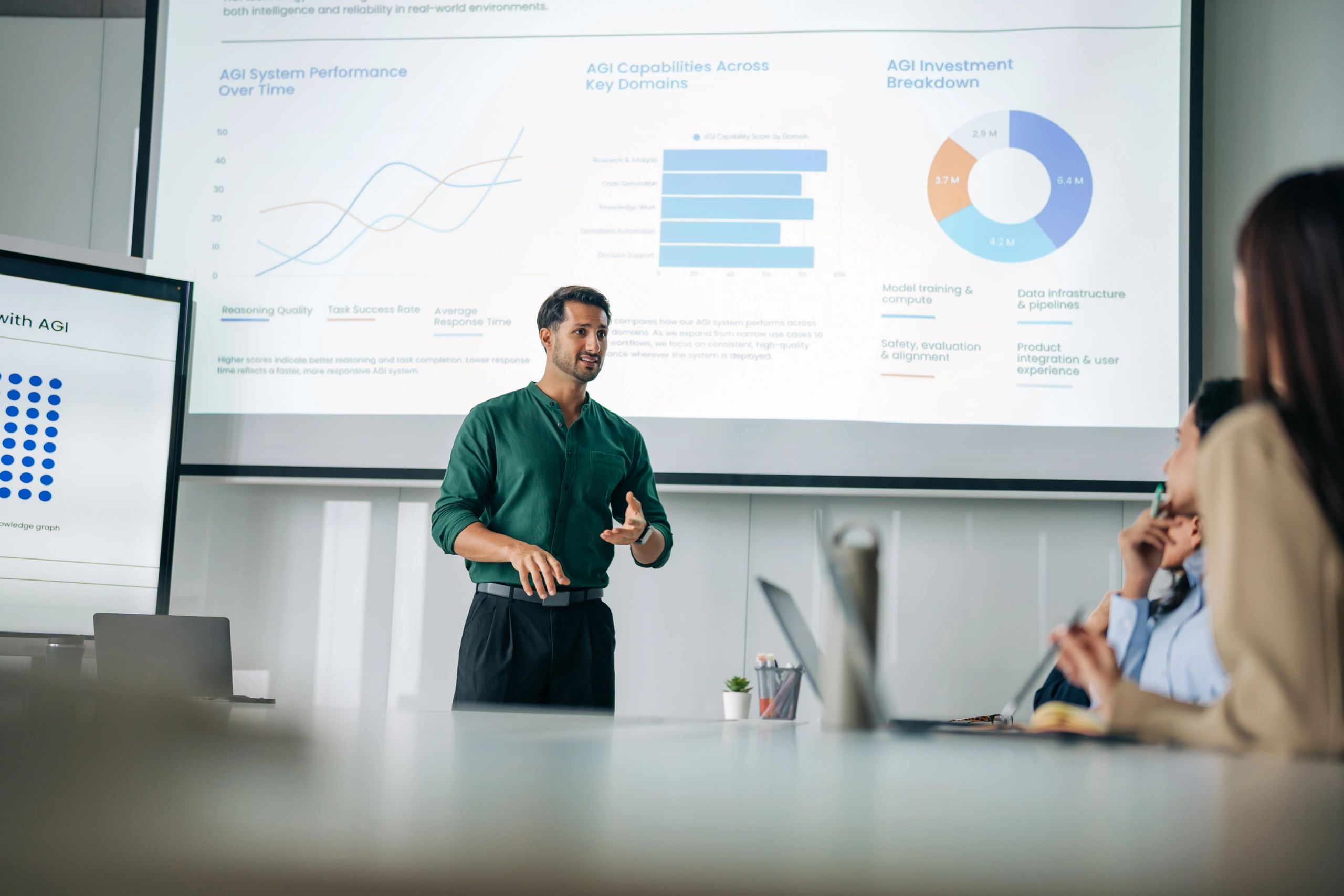 Consultant presenting analytics on a digital screen in a modern office