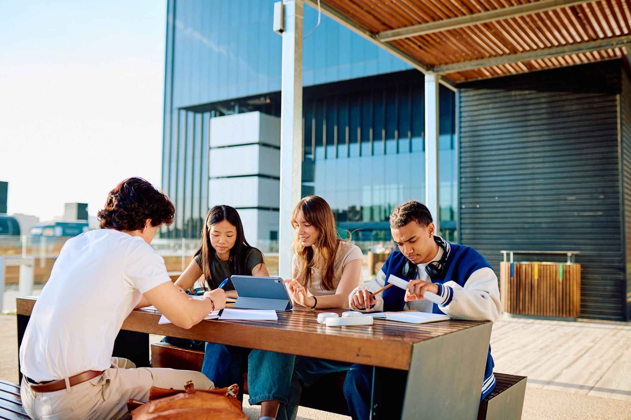 Students collaborating together on campus